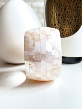 Vintage Chunky White Mother of Pearl Mosaic Wide Bangle Bracelet